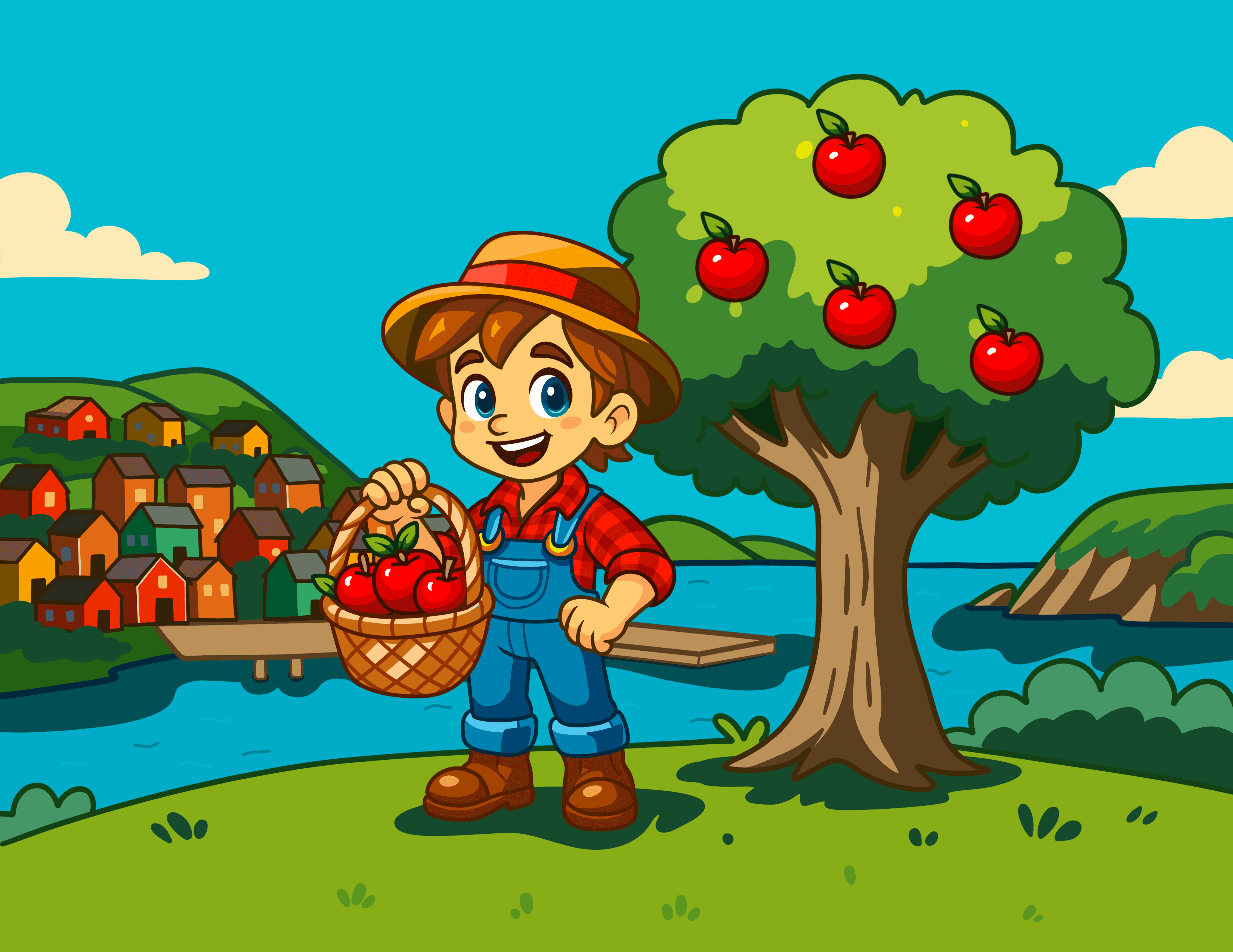 Jessie picking apples in the orchard with a coastal town in the background