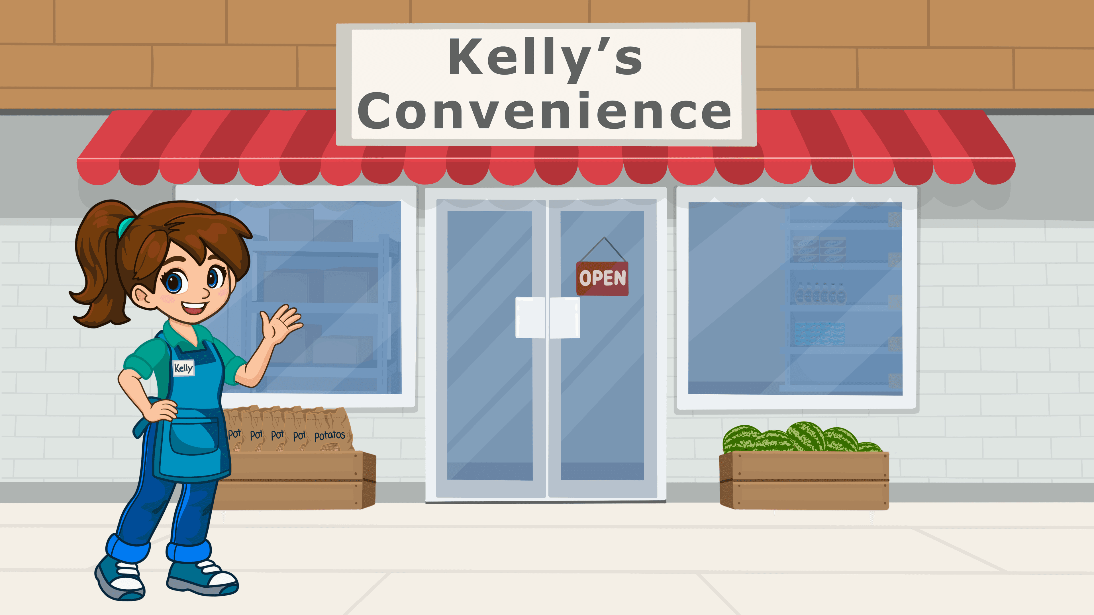 Kelly waving outside her convenience store